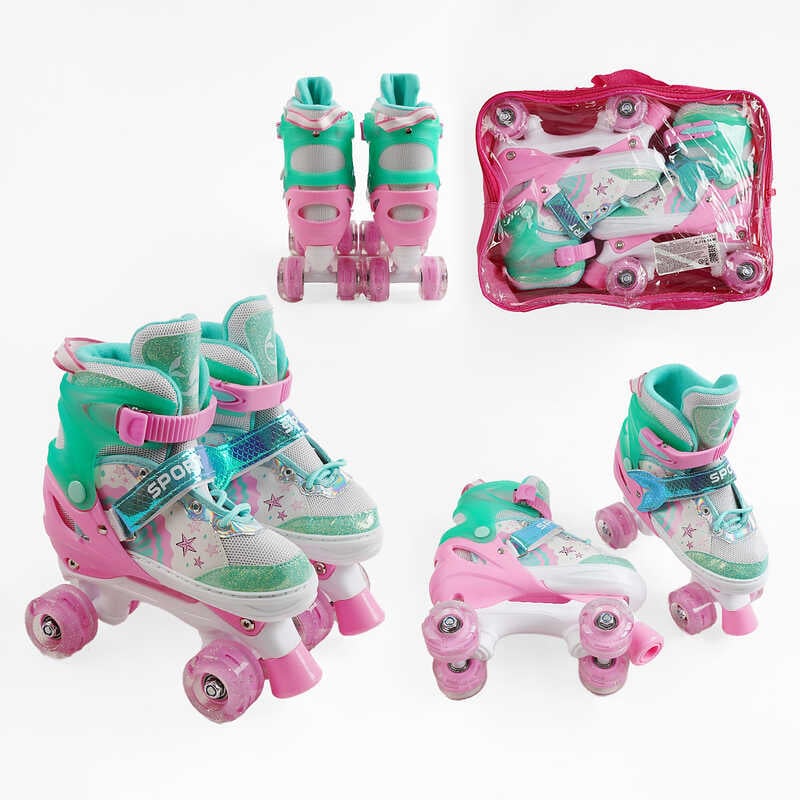 Ролики 60559-18 М розмір 34-38 (6) колір РОЖЕВИЙ, колеса PU, КОЛЕСА ЗІ СВІТЛОМ, устілка 21-23 см, d коліс – 4,5 см, в сумці