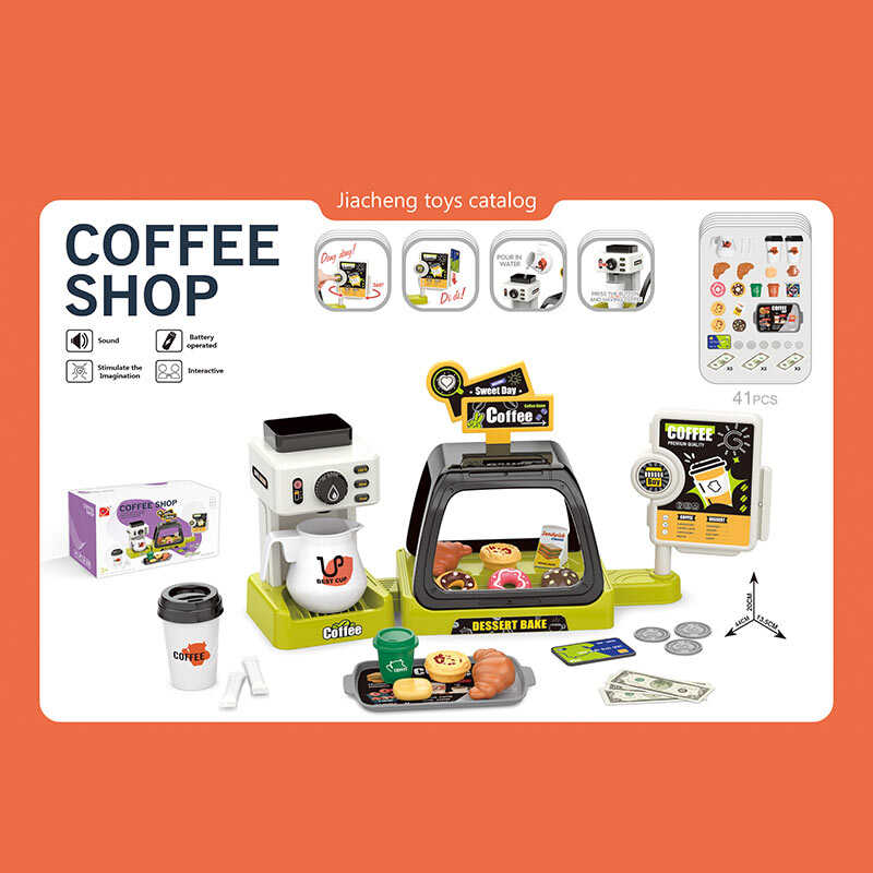 Кав'ярня 668-142 (36) 41 елемент, звукові ефекти каси, кавоварка наливає напій, вітрина з солодощами, стаканчики, круасани, пончики, в коробці