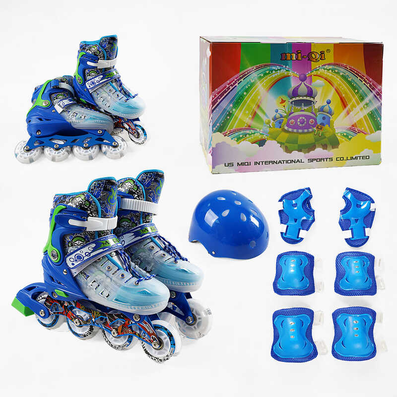 Ролики 9620-11 М розмір 34-38 (6) колір СИНІЙ, колеса PU, d коліс – 6 см, устілка 19 см, підсвічування коліс, шолом, захист, в коробці