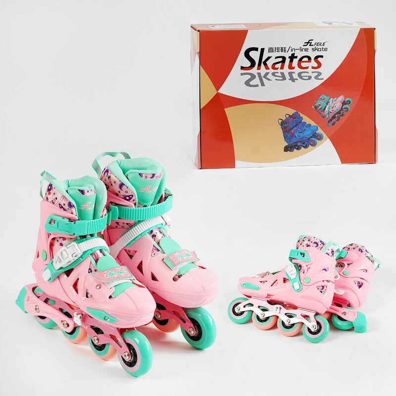 Ролики 17107-М розмір 34-37 (6) колір РОЖЕВИЙ, колеса PU, ПЕРЕДНЄ КОЛЕСО СВІТЛО, d колес – 6.5 см, в коробці