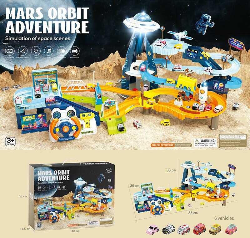 Трек T 918 A (8) “Космічна станція”, електричні підіймачі, світло, звуки, пісні англійською, 6 машинок, від батарейок, 2в1, в коробці