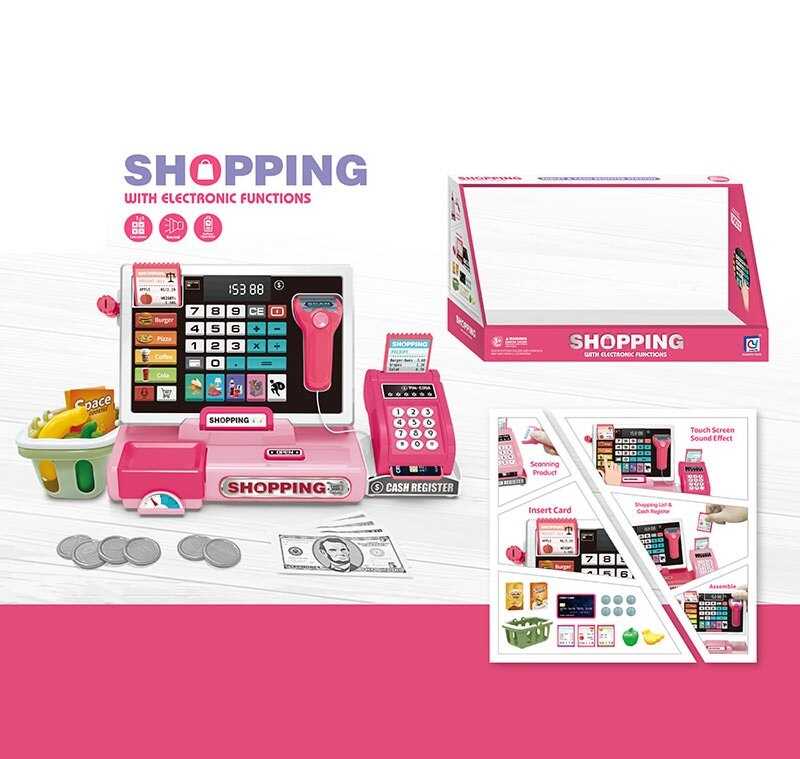 Касовий апарат 818-378 (16/2) розмір - 28.5х13х16.5 см, калькулятор, сканер, термінал, кошик, продукти, картка, гроші, чеки, монети, звуки, підсвічування, рухомі елементи, в коробці