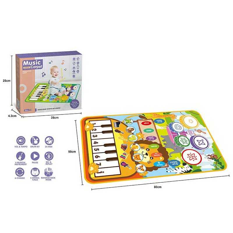 Музичний килимок MTK 035-1 A (72/2) на батарейках, музика, звук, музичні інструменти, запис, режим гучності, барабанні палички, розмір 80х50 см, в коробці