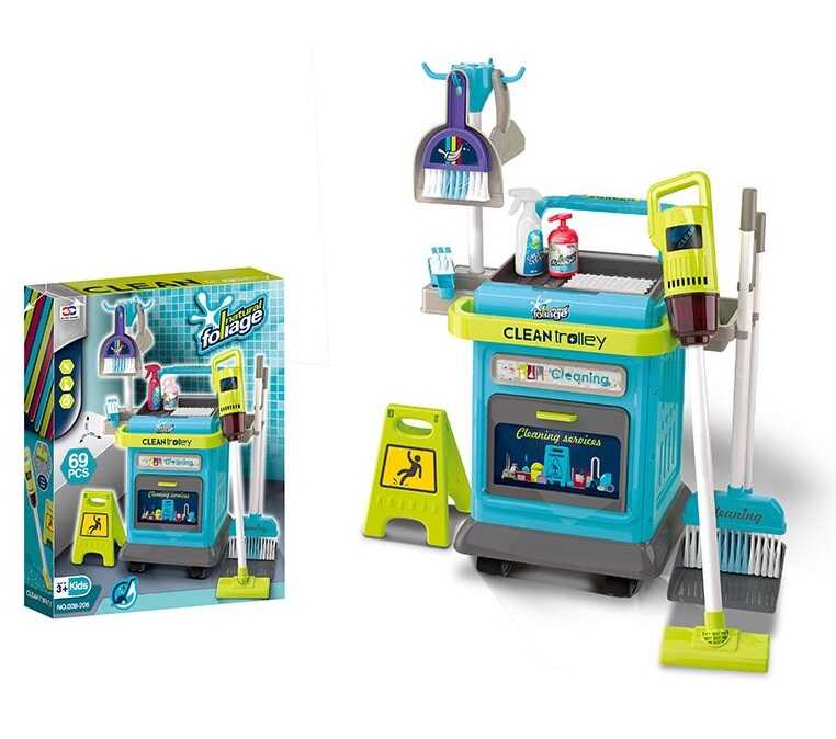 Набір для прибирання 008-206 (8) висота 63 см, 40 елементів, пилосос втягує кульки, візок для перевезення, 2 віники, 2 совки, щітка, ганчірки, губка, в коробці