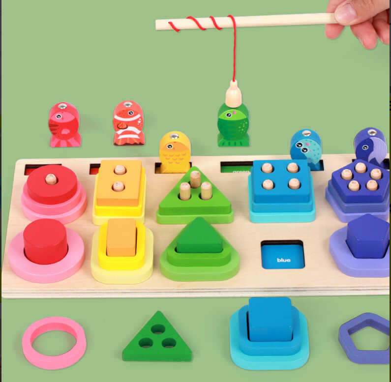 Логічна дерев’яна дошка C 75296 (33) дошка розміром 30х15 см, магнітна риболовля, геометричні фігури, кілочки, назви кольорів англійською, в коробці