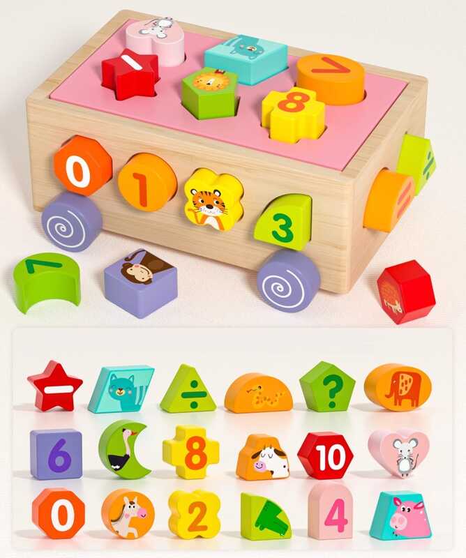 Каталка C 75515 (24) дерев’яна, сортер із фігурками, математичні знаки та цифри, в коробці