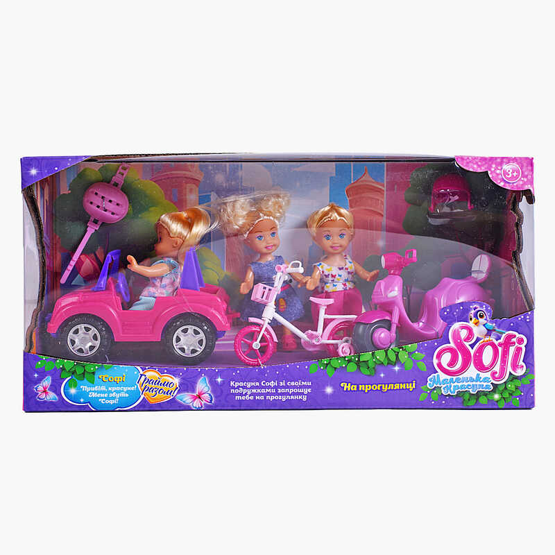 Набір ляльок Sofi 48501 (24/2) “На прогулянці”, 3 ляльки, машина, мопед, велосипед, 2 шоломи, в коробці