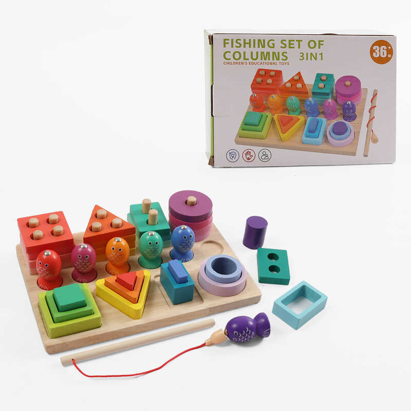 Логічна дерев’яна дошка C 74312 (28) геометричний сортер, кілочки, магнітна риболовля, в коробці