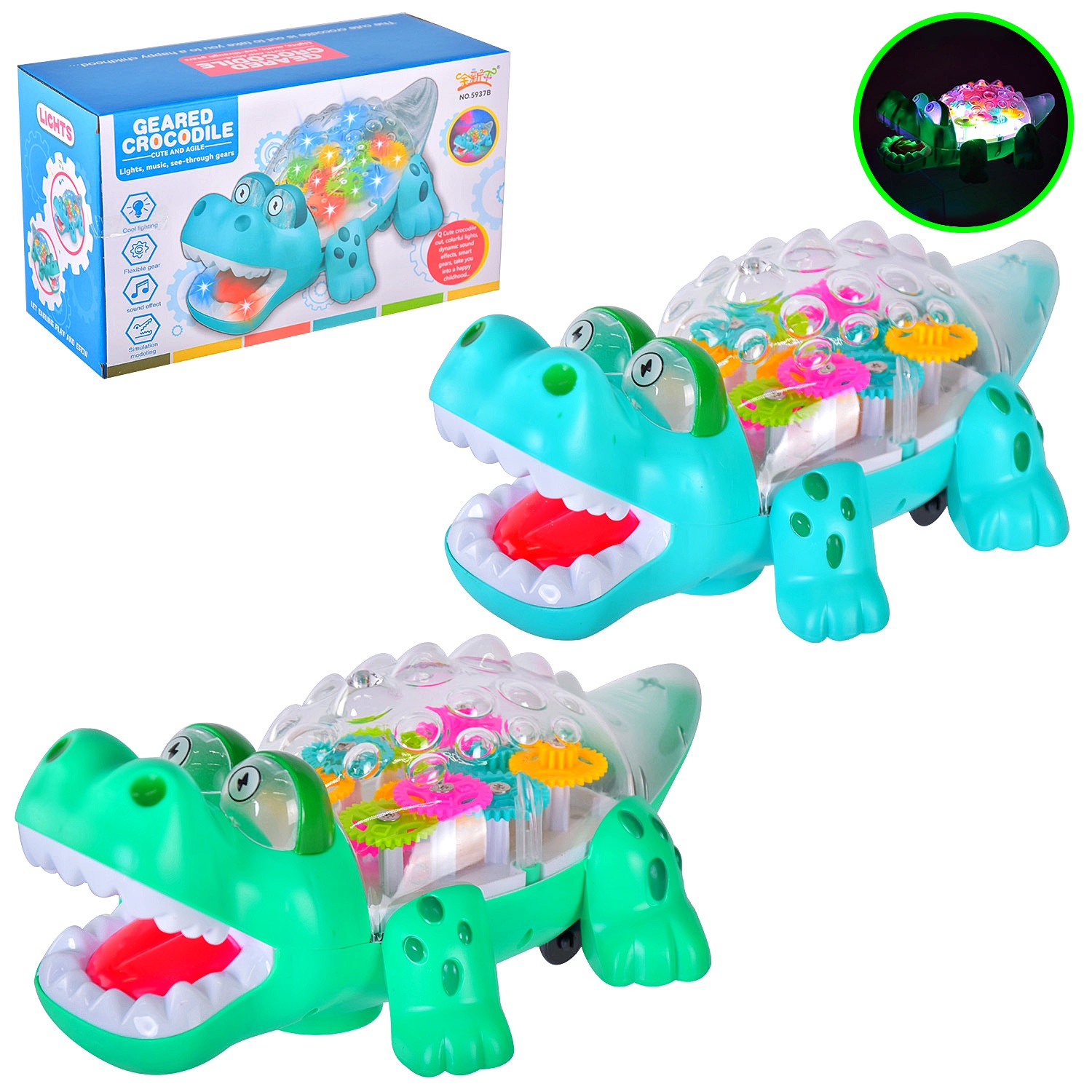 Іграшка музична "Крокодил" 5937 B , звук, підсвічування, пісня англійською, рухливі шестерні, колесо вільного ходу, в коробці