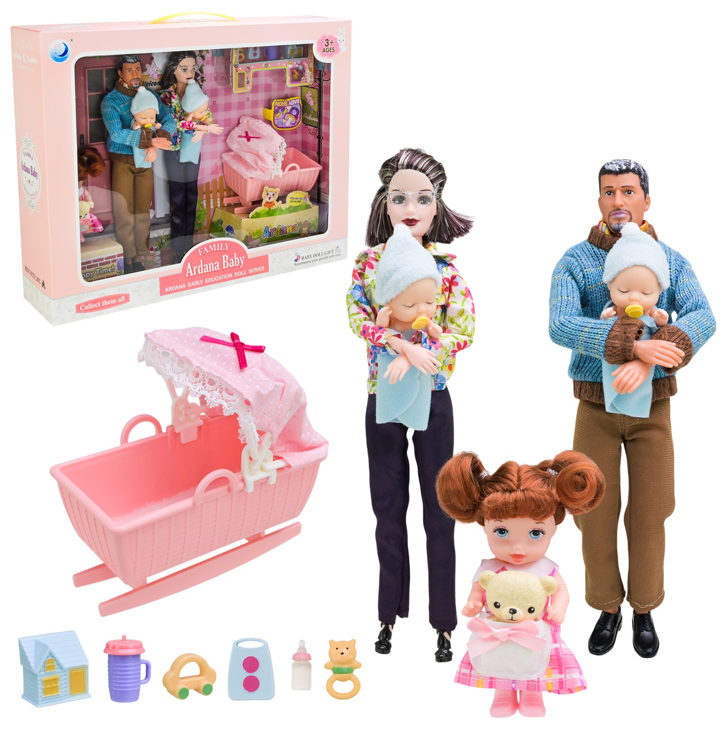 Лялька 202169 , сім'я 5 шт , бабуся , дідусь , 3 малюки, люлька , аксесуари , коробка