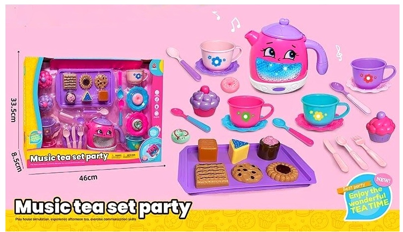 Набір посуду 3221 C , чайник, підсвічування, звуки, мелодії, датчики руху, на батарейках, посуд, солодощі, в коробці