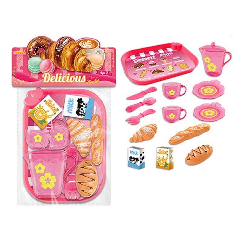 Набір продуктів 99007 (120/2) таця, 2 чашки, 2 блюдця, чайничок, ніж, ложка, вилка, круасан, багет, хліб, коробочки з молоком і соком, в пакеті