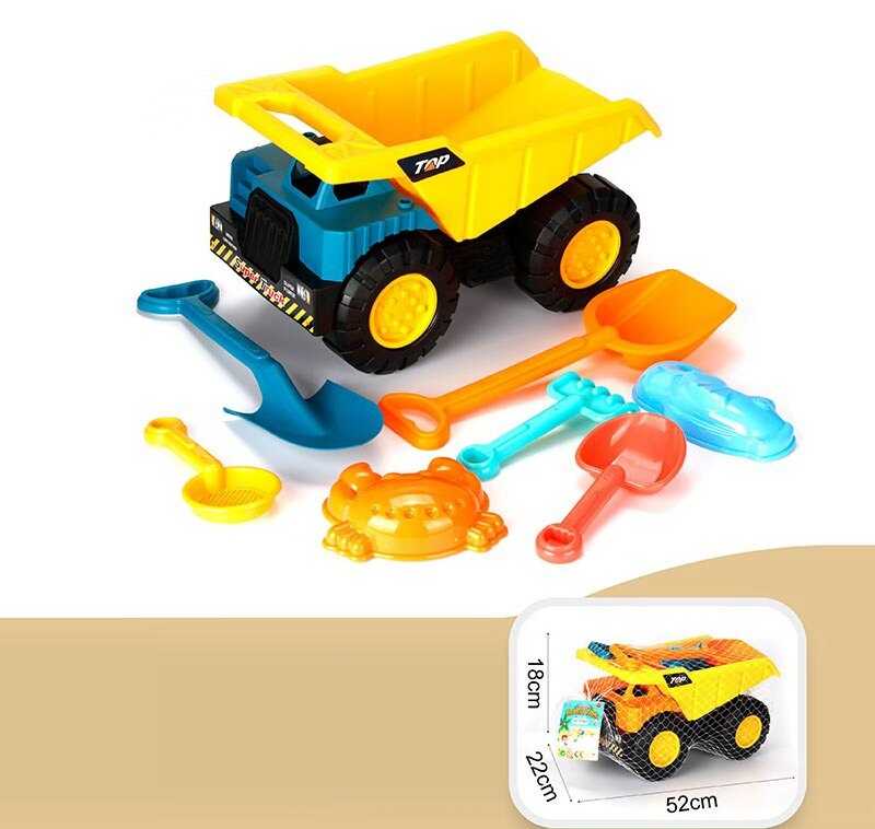 Пісочний набір YF 3643 (20) 8 елементів, 2 лопатки, 2 форми, самоскид, граблі, сито, в сітці