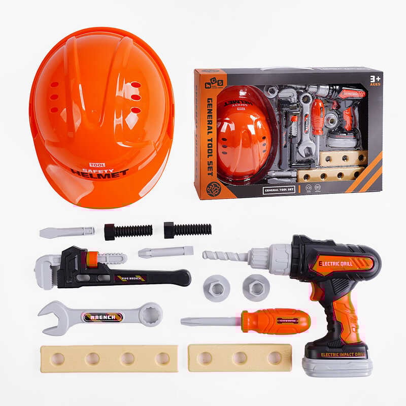 Набір інструментів 778-28 (36/2) 15 ігрових елементів, дриль на батарейках, захисна каска, тренувальні бруски, в коробці