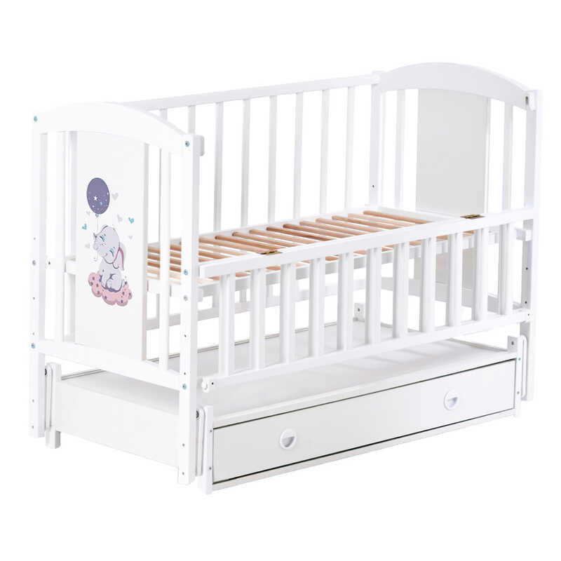 гр Ліжечко дитяче ЛІЛІ "Слоник" (1) шарнір-підшипник з відкидною боковиною+шухляда, (білий)
