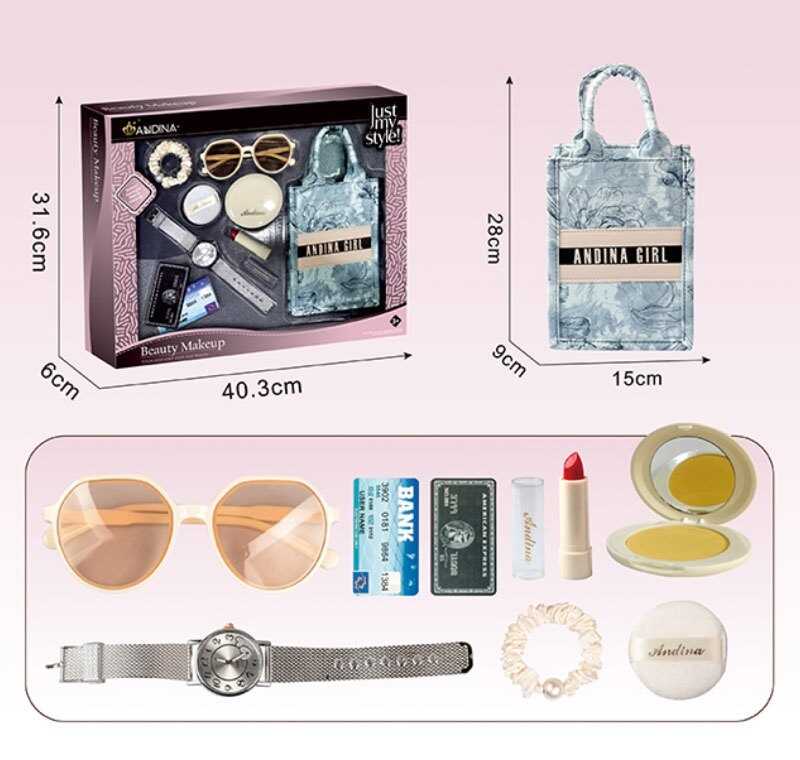 Набір аксесуарів 656-3 (36) сумочка, імітація косметики, функціональний годинник, окуляри, резинка, імітація карток, в коробці