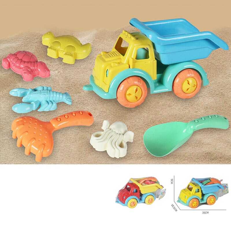 Пісочний набір KZ 6436 A (24/2) 2 кольори, розмір самоскида - 35х18.5х9 см, лопатка, граблі-сито, 4 формочки, в сітці