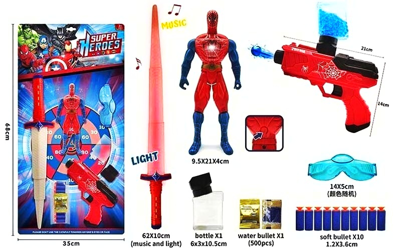 Герой - набір «Спайдермен» 1853 G 18 G1 , меч (світло , звук), фігурка (світло) , пістолет , 2 види куль , водян. кулі (орбіз), паралон. кулі 10 шт , окуляри , планшет