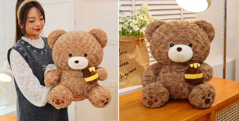 М`яка іграшка M 18753 (45) “Ведмедик”, розмір -29х26х37 см, бочка з медом, застібка - блисавка