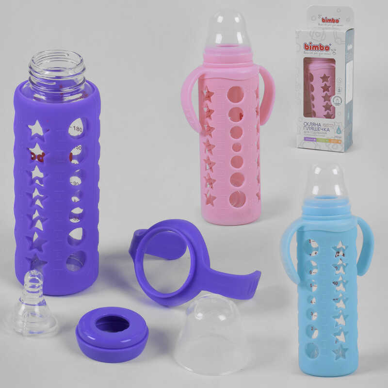 гр Пляшка скляна 15798 (48) з силіконовою соскою, "BIMBO", 240 мл, 3 кольори, 1шт в коробці