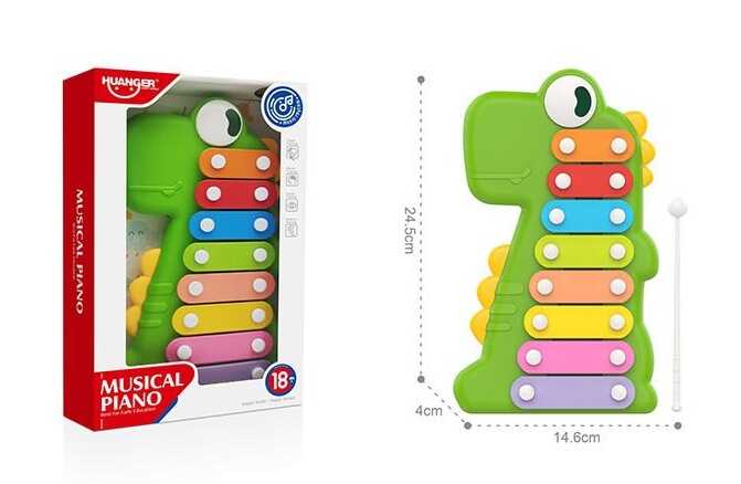 Ксилофон HE 8012 (24) "Динозаврик", 8 металевих пластин, молоточок, в коробці