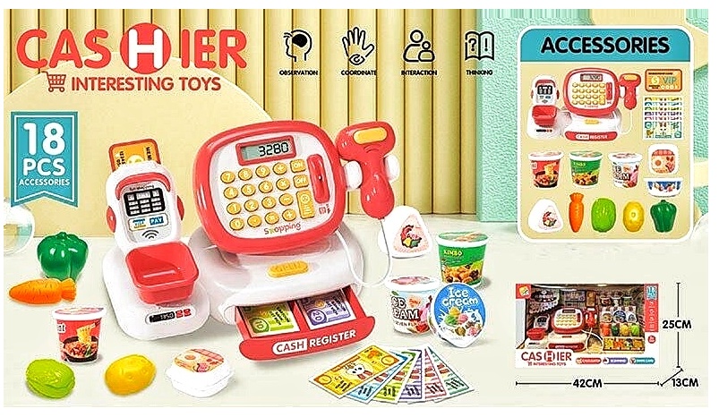 Касовий апарат C 668-31 , 18 аксесуарів, муляжі харчових продуктів, підсвічування сканера, звук, калькулятор, іграшкові грошів , коробці