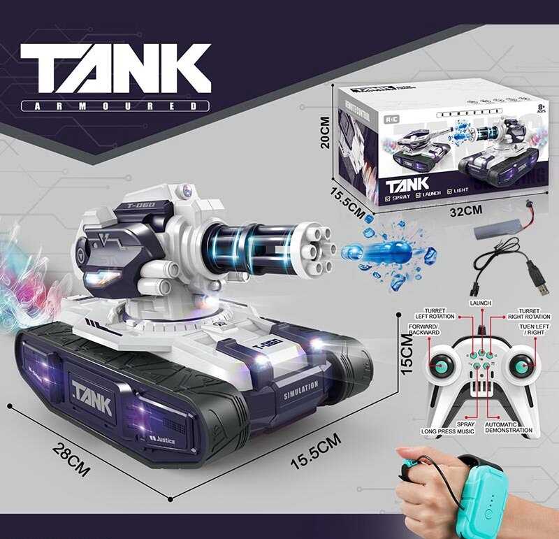 Танк на радіокеруванні 399 D-9 (18) пульт 2.4 GHz, акумулятор 3.7 V, сенсорний браслет, стріляє орбізами, генерує пару, звуки, підсвічування, орбізи, пляшечка, дріт, в коробці