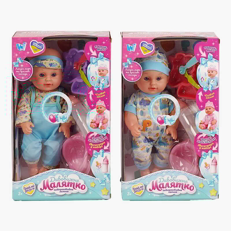 Пупс функціональний UKA-A 0940-3 (32/2) 2 види, "WToys", ОЗВУЧУВАННЯ УКРАЇНСЬКОЮ МОВОЮ, звук, від батарейок, п`є, ходить в туалет, в коробці