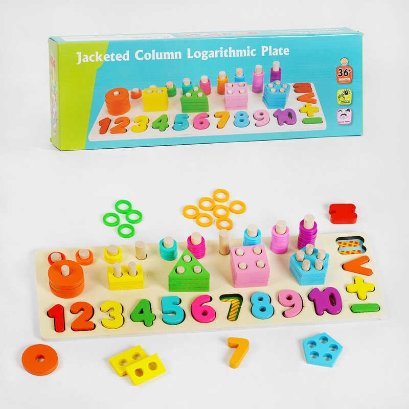 Логічна дерев’яна дошка C 60438 (30) геометричний, математичний сортери та за кольорами, в коробці