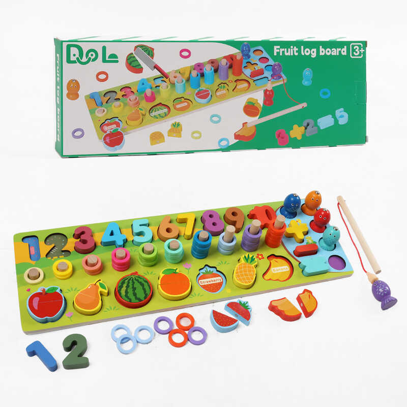 Логічна дерев’яна дошка C 74283 (20) цифри, фрукти на магнітах, магнітна риболовля, гра з кілочками, в коробці