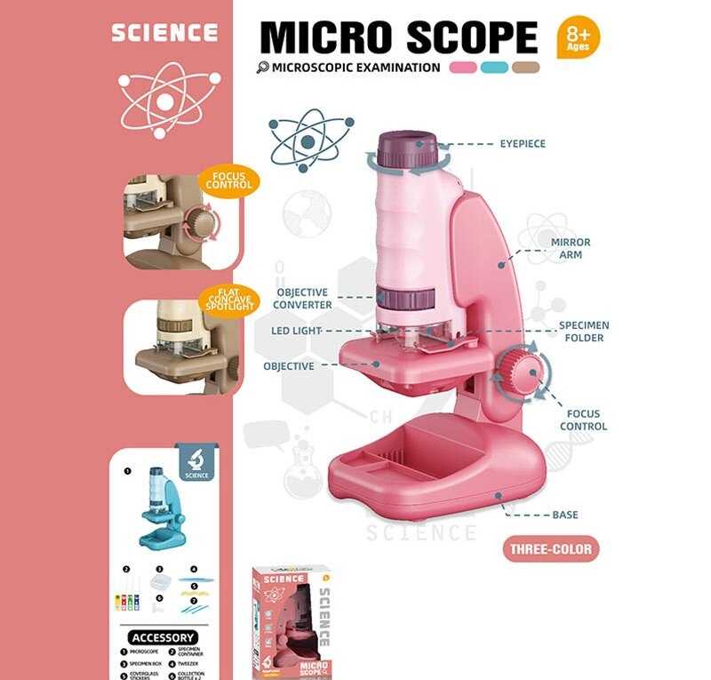 Мікроскоп 2507 A (72) 3 кольори, збільшення 60х та 180х, інструменти, скельця, підсвічування, на батарейках, в коробці, ВИДАЄТЬСЯ ТІЛЬКИ МІКС ВИДІВ