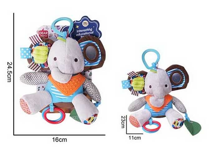 Брязкальце 688 M86 (96) "Слоник", текстильне, пискавка, 2 прорізувачі, підвіски, шумливі елементи, кільце для підвішування, в пакеті