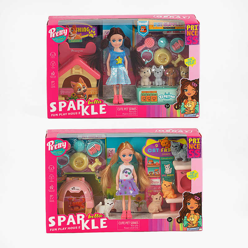 Лялька 7018 (48) 2 види, висота 13 см, 4 улюбленці, аксесуари по догляду за тваринками, в коробці