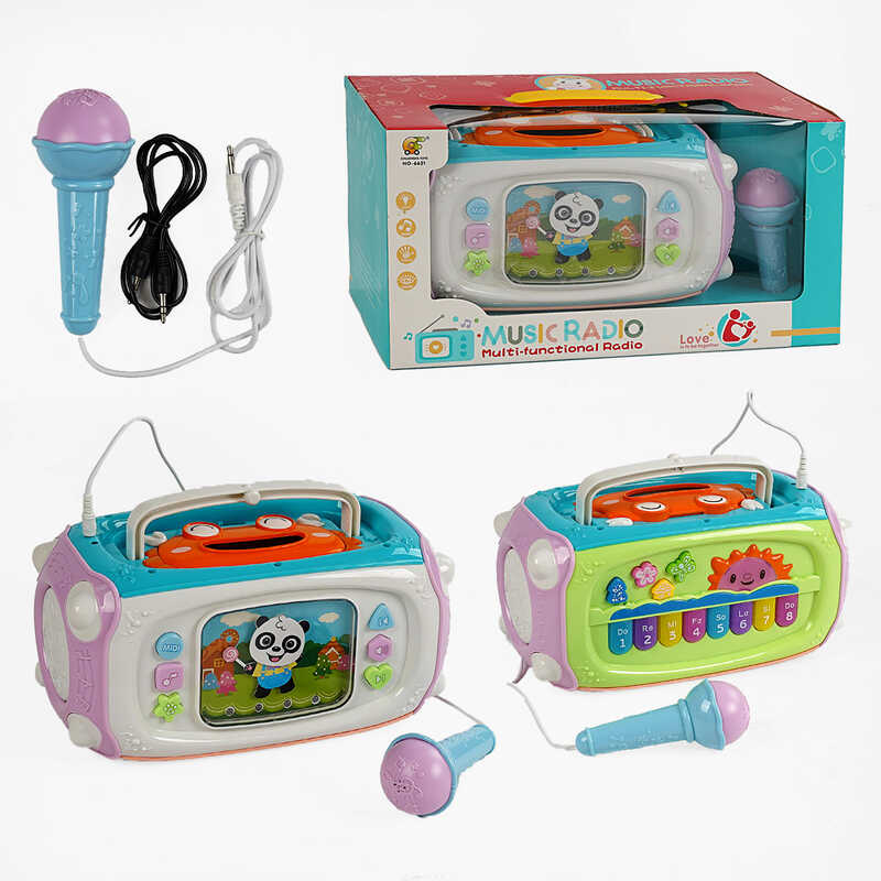 Караоке 6621 (12/2) підсвічування, піаніно, мелодії, пісні, звуки тварин, барабани, мікрофон, озвучування англійською, в коробці