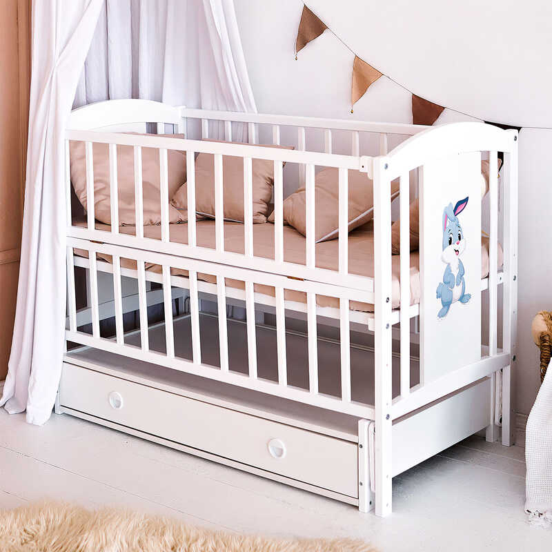 гр Ліжечко дитяче ЛІЛІ "Зайчик" (1) шарнір-підшипник з відкидною боковиною+шухляда, (білий)